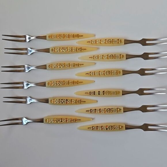 Vintage Japan Stainless Appetizer Mini Forks Set of 12 hors d'oeuvres Cocktails - Picture 3 of 15